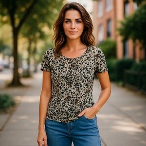 Sheer Animal Print Mesh Lettuce Hem Top Sz S/M